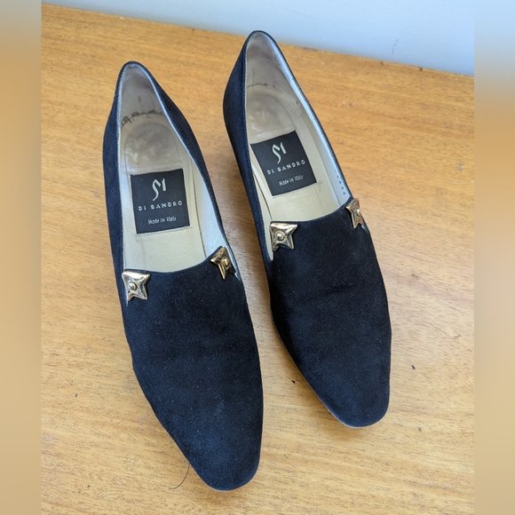Vintage Black Suede Loafers‎ With Gold Corner Accents - Picture 2 of 14